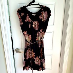 Black and Pink Floral Mini Dress with Ties